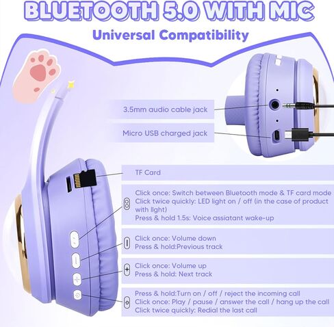 QearFun Cat Headphones for Girls Kids for School, Kids Bluetooth Headphones with Microphone & 3.5mm Jack, Teens Toddlers Wireless Headphones with Adjustable Headband for ipad/Tablet/PC-Black in Saudi Arabia