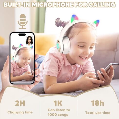 QearFun Cat Headphones for Girls Kids for School, Kids Bluetooth Headphones with Microphone & 3.5mm Jack, Teens Toddlers Wireless Headphones with Adjustable Headband for ipad/Tablet/PC-Black in Saudi Arabia