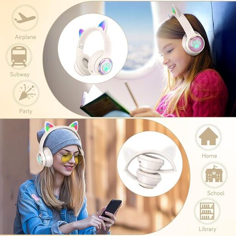 QearFun Cat Headphones for Girls Kids for School, Kids Bluetooth Headphones with Microphone & 3.5mm Jack, Teens Toddlers Wireless Headphones with Adjustable Headband for ipad/Tablet/PC-Black in Saudi Arabia