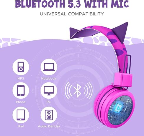 QearFun Cat Headphones for Girls Kids for School,Kids Bluetooth Headphones with Microphone & 3.5mm Jack,Teens Toddlers Wireless Headphones with Adjustable Headband for Tablet/PC/Smartphones-Pink in Saudi Arabia