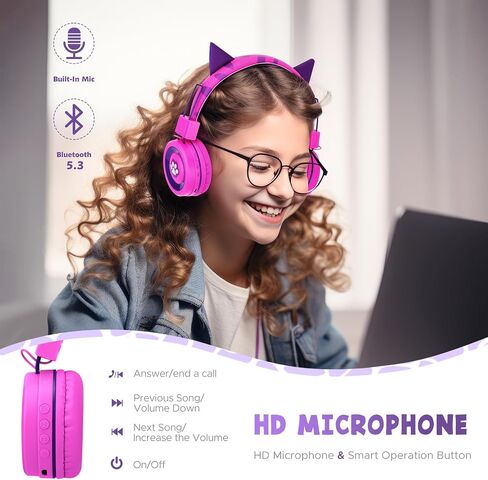 QearFun Cat Headphones for Girls Kids for School,Kids Bluetooth Headphones with Microphone & 3.5mm Jack,Teens Toddlers Wireless Headphones with Adjustable Headband for Tablet/PC/Smartphones-Pink in Saudi Arabia