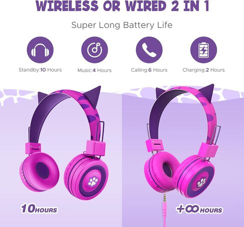 QearFun Cat Headphones for Girls Kids for School,Kids Bluetooth Headphones with Microphone & 3.5mm Jack,Teens Toddlers Wireless Headphones with Adjustable Headband for Tablet/PC/Smartphones-Pink in Saudi Arabia