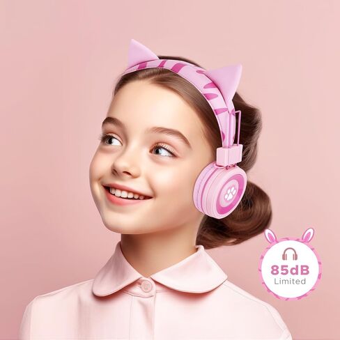 QearFun Cat Headphones for Girls Kids for School,Kids Bluetooth Headphones with Microphone & 3.5mm Jack,Teens Toddlers Wireless Headphones with Adjustable Headband for Tablet/PC/Smartphones-Pink in Saudi Arabia