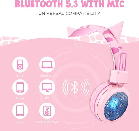 QearFun Cat Headphones for Girls Kids for School,Kids Bluetooth Headphones with Microphone & 3.5mm Jack,Teens Toddlers Wireless Headphones with Adjustable Headband for Tablet/PC/Smartphones-Pink in Saudi Arabia