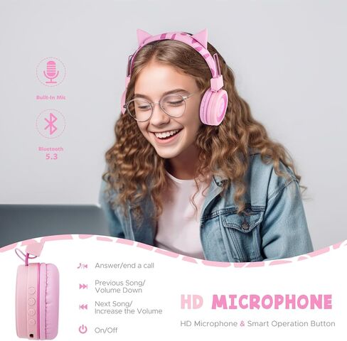 QearFun Cat Headphones for Girls Kids for School,Kids Bluetooth Headphones with Microphone & 3.5mm Jack,Teens Toddlers Wireless Headphones with Adjustable Headband for Tablet/PC/Smartphones-Pink in Saudi Arabia