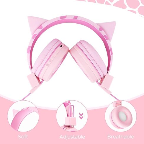 QearFun Cat Headphones for Girls Kids for School,Kids Bluetooth Headphones with Microphone & 3.5mm Jack,Teens Toddlers Wireless Headphones with Adjustable Headband for Tablet/PC/Smartphones-Pink in Saudi Arabia