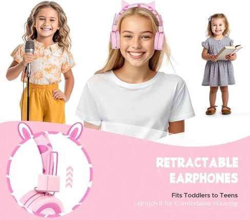 QearFun Cat Headphones for Girls Kids for School,Kids Bluetooth Headphones with Microphone & 3.5mm Jack,Teens Toddlers Wireless Headphones with Adjustable Headband for Tablet/PC/Smartphones-Pink in Saudi Arabia