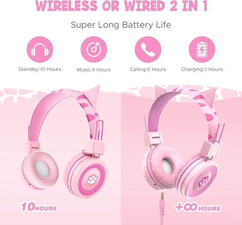 QearFun Cat Headphones for Girls Kids for School,Kids Bluetooth Headphones with Microphone & 3.5mm Jack,Teens Toddlers Wireless Headphones with Adjustable Headband for Tablet/PC/Smartphones-Pink in Saudi Arabia