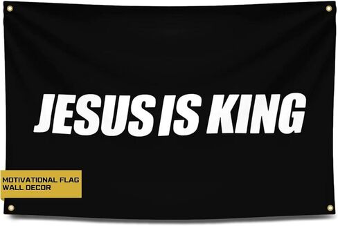 Gold Trident Jesus is King Flag Banner - إلهام المساحة الجمالية لصالة الألعاب الرياضية أو مسكنك - قم بتغذية تمرينك بالإيمان الملهم والثناء - ابقِ متحفزًا بفن التحفيز الرائع - 3 × 5 أقدام in Kuwait