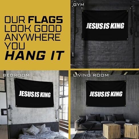Gold Trident Jesus is King Flag Banner - إلهام المساحة الجمالية لصالة الألعاب الرياضية أو مسكنك - قم بتغذية تمرينك بالإيمان الملهم والثناء - ابقِ متحفزًا بفن التحفيز الرائع - 3 × 5 أقدام in Kuwait