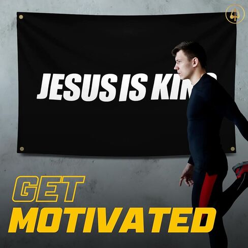 Gold Trident Jesus is King Flag Banner - إلهام المساحة الجمالية لصالة الألعاب الرياضية أو مسكنك - قم بتغذية تمرينك بالإيمان الملهم والثناء - ابقِ متحفزًا بفن التحفيز الرائع - 3 × 5 أقدام in Kuwait