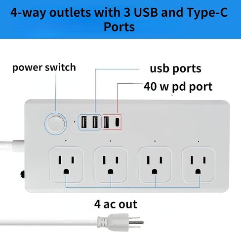 Surge Protector Extension Cord Jinvoo Power Strips with USB C Port with 4 Widely Spaced Outlets and 4 USB Ports for Home or Office in Saudi Arabia