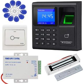 LIBO Complete RFID Access Control System Fingerprint Access Controller Keypad, DC12V Power Supply Transformer, 180kg/350lbs Electric Magnetic Lock with Door Switch Button, 125KHz ID Cards Keychains