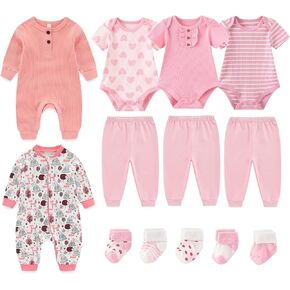 Ribbed Baby Bodysuits and Zip Romper Cotton Pants Clothes Sets 0-12 Months
