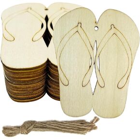 30PCS Unfinished Slipper Wood DIY Crafts Cutouts Wooden Flip Flop Shaped Hanging Ornaments with Hole Hemp Ropes Gift Tags for Hawaii Summer Holiday Beach Party Decoration
