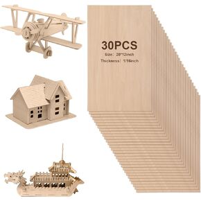 30 Sheets Balsa Wood Sheets 12 x 20 x 1/16 Inch Basswood Sheets for Crafts Plywood Sheets Unfinished Wooden Boards Rectangular Wood Planks for DIY Models Projects Drawing Laser Cutting