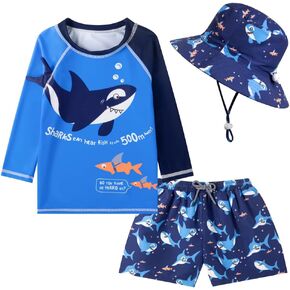 Toddlers Baby Boys' 3-Piece Rashguard Set Kids Bathing Suit Set with Hat UPF 50+