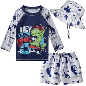 Toddlers Baby Boys' 3-Piece Rashguard Set Kids Bathing Suit Set with Hat UPF 50+