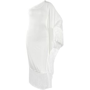 SHESEEWORLD Women's Fringe Trim One Shoulder Long Draped Sleeve Asymmetric Neck Bodycon Cocktail Midi Dress