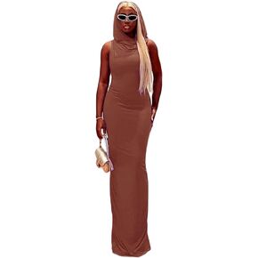 Women's Sexy Sleeveless Hoodie Maxi Dress Back Split Hooded Bodycon Long Dress Party Club Outfit