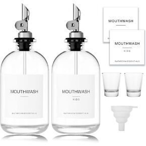 Black Glass Mouthwash Dispenser with Cups, 12.7 oz, 2 Pack - Clear Mouthwash Bottle with 304 Stainless Steel Spout & Minimalist Labels, Style Mouthwash Container for Bathroom