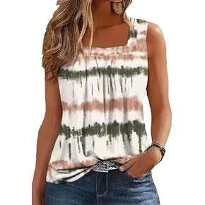 Color Block Ruffled Square Neck Tops Womens Summer Striped Tank Top Casual Sleeveless Loose Fit Tees T-Shirt
