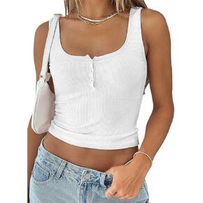 ForeFair Women Ribbed Tank Top Square Neck Sleeveless Basic Fitted Crop Tops Y2K Buttons Henley Vest