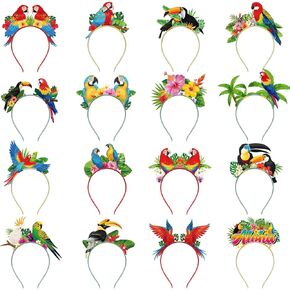 Capoda 16 PCS Hawaiian Headbands Bulk Felt Parrot Head Boppers Aloha Party Head Wear Luau Party Headdress Tiki Bar Hair Hoop for Hawaiian Party Favors Tropical Party Accessories Summer Beach Supplies