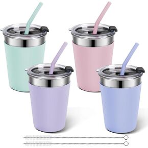 4 Pack Kids Cups with Straws and Lids, 12oz Unbreakable Stainless Steel Cups with Lids and Straws for Kids, Toddler Cups Spill Proof for Cold Drinks & Hot Drinks