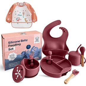 Silicone Baby Feeding Set, Eating Utensils with Suction Plate and Bowl, Baby Led Weaning Supplies, Toddler Self Feeding Dish Set with Waterproof Full Sleeve Bib, Spoon, 10pcs (Beige)