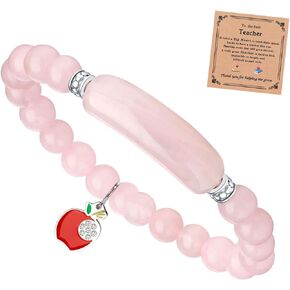 Teacher Appreciation Gifts Bracelet for Women, Thank You Teacher Gifts Rose Quartz Link Pheromone Bracelet End of Year Gifts Healing Crystal Stretch Bracelet Handmade Good Luck Energy Chakra Natural Stone Beaded Bangle Jewelry Gifts for Teachers
