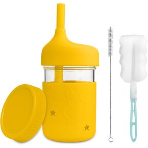 أكواب زجاجية للأطفال مع أغطية وقش، أكواب حليب للأطفال الصغار بوزن 8 أونصة، أكواب للوجبات الخفيفة للأطفال الصغار مقاومة للانسكاب مع أكمام من السيليكون، قش مع سدادات، أغطية سيليكون، أكواب عصير للأطفال (وردي) in Kuwait