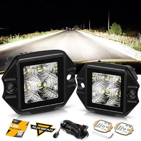 Auxbeam Flush Mount LED Pods, 3.5inch 40W Cube Offroad Backup Light Reverse Light Motorcycle Grill Mount Light White Flood Beam for Truck Jeep SUV 4x4 Grill Mount with Wiring Harness kit