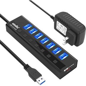 موزع USB 3.0 يعمل بالطاقة من atolla، موزع بيانات USB 7 منافذ بالإضافة إلى منفذ شحن ذكي وملحق USB بما في ذلك مفاتيح فردية ومحول طاقة 5 فولت/4 أمبير in Kuwait