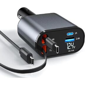 Retractable Car Charger，4 in1 Fast Car Phone Charger with Dual Retractable Cables and 2 Charging Ports (Type C+Lightning Retractable Cords)