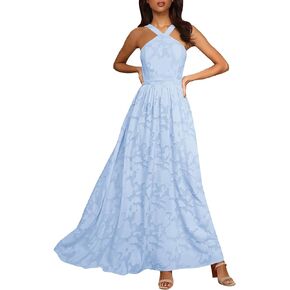 MITILLY Women's Summer Dresses 2024 Boho Halter Neck Sleeveless Smocked Floral Backless A Line Flowy Maxi Dress with Pockets