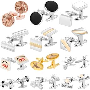 12 Pairs Cufflinks for Men Set, Classic Silver Black Striped Square Rectangle Cuff Links Mens for Shirt Suit, Groomsmen Business Elegant Gift.