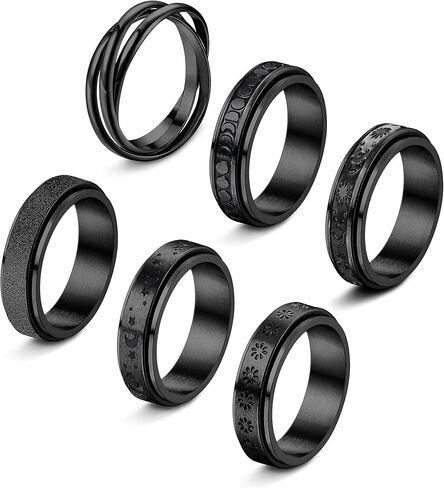 Subiceto 6 Pcs Spinner Rings for Women Stainless Steel Fidget Band Rings Set Moon Star Flower Sand Blast Finish Womens Ring for Stress Relieving Wedding in Saudi Arabia