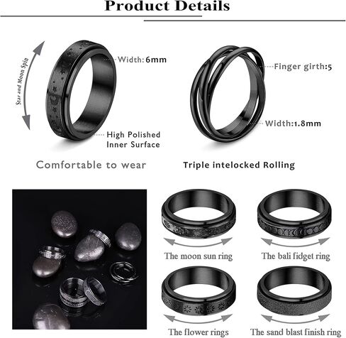 Subiceto 6 Pcs Spinner Rings for Women Stainless Steel Fidget Band Rings Set Moon Star Flower Sand Blast Finish Womens Ring for Stress Relieving Wedding in Saudi Arabia