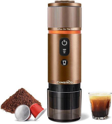 CONQUECO Portable Espresso Coffee Machine: 12V Electric Small Travel Expresso Maker - Self Heating 8 Cups Battery Powered Compatible for Nespresso Capsule - for Camping RV Hiking Office (Brown) in Kuwait