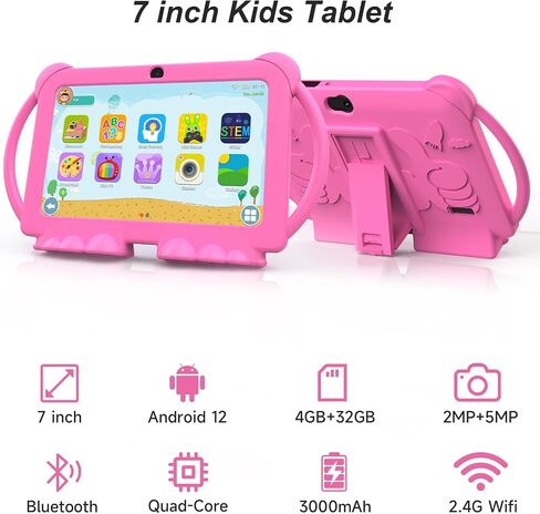 Kids Tablet, 7 inch Android Tablet for Kids, 4GB RAM 32GB ROM 1TB Expand, Toddler Tablets with Parental Control, IPS Screen, Dual Camera, Educational, Games, Shockproof Case for Boys/Girls (Pink) in Kuwait
