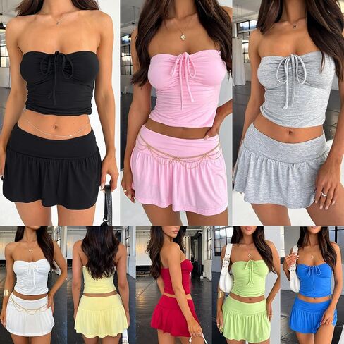 Women Summer 2 Piece Skirt Sets Bandeau Top Bodycon Skirt Outfit Y2K Mini Skirt Set Sexy Outfits in Saudi Arabia