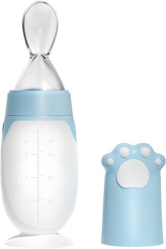 Baby Spoons, Silicone Baby Food Dispensing Spoon, Squeeze Feeding Spoon with Cartoon Dust Cover, 4 oz. (Blue) in Kuwait