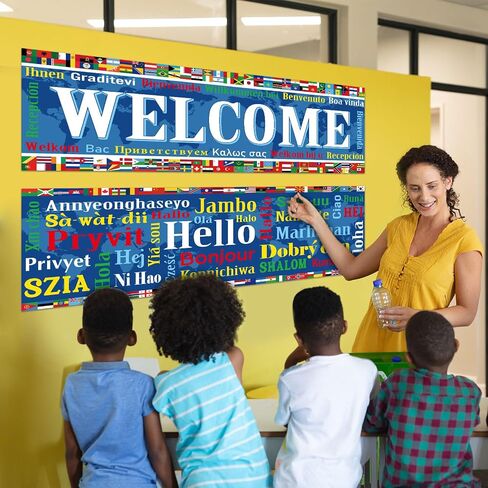 2 Pcs World Flag Posters International Welcome Banners Country Flag of Around the World Hello Paper Cutouts Classroom Decorations for Sports Events Club School Birthday Party Supplies in Saudi Arabia