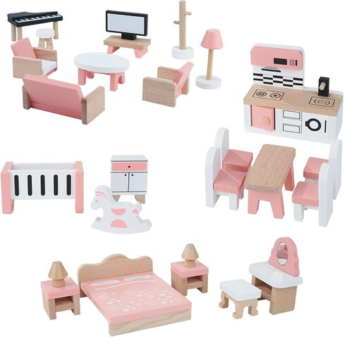 Wooden Dollhouse Furniture Set, Mini Furniture for Dollhouse, 34PCS Pink Dollhouse Accessories and Furniture Including 5 Room Kits, Furniture Pretend Play Gift for Girls and Boys 3 Year and Up in Saudi Arabia