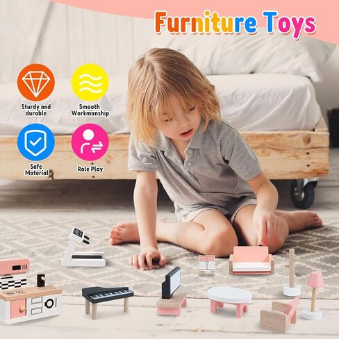 Wooden Dollhouse Furniture Set, Mini Furniture for Dollhouse, 34PCS Pink Dollhouse Accessories and Furniture Including 5 Room Kits, Furniture Pretend Play Gift for Girls and Boys 3 Year and Up in Saudi Arabia