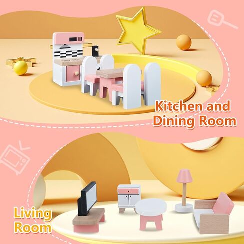 Wooden Dollhouse Furniture Set, Mini Furniture for Dollhouse, 34PCS Pink Dollhouse Accessories and Furniture Including 5 Room Kits, Furniture Pretend Play Gift for Girls and Boys 3 Year and Up in Saudi Arabia