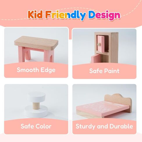 Wooden Dollhouse Furniture Set, Mini Furniture for Dollhouse, 34PCS Pink Dollhouse Accessories and Furniture Including 5 Room Kits, Furniture Pretend Play Gift for Girls and Boys 3 Year and Up in Saudi Arabia