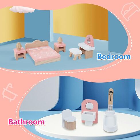 Wooden Dollhouse Furniture Set, Mini Furniture for Dollhouse, 34PCS Pink Dollhouse Accessories and Furniture Including 5 Room Kits, Furniture Pretend Play Gift for Girls and Boys 3 Year and Up in Saudi Arabia