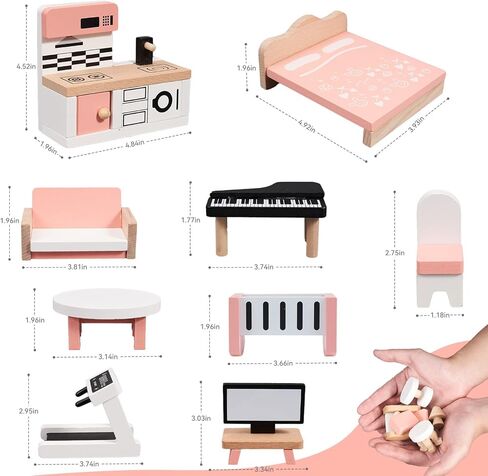 Wooden Dollhouse Furniture Set, Mini Furniture for Dollhouse, 34PCS Pink Dollhouse Accessories and Furniture Including 5 Room Kits, Furniture Pretend Play Gift for Girls and Boys 3 Year and Up in Saudi Arabia